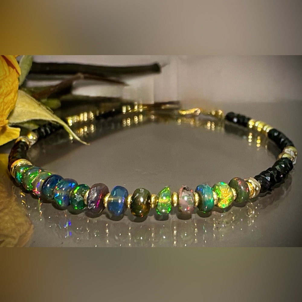 Black Welo Opal •Black Faceted Spinel• 14kt Gold Vermeil Gemstone Bracelet - Picture 5 of 7